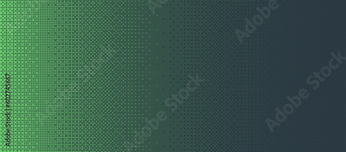 Fototapeta Naklejka Na Ścianę i Meble -  Dither Pattern Bitmap Texture Halftone Gradient Vector Wide Abstract Background. Glitch Screen With Flicker Pixels Effect Panoramic Backdrop. 8 Bit Pixel Art Retro Video Game Bright Green Decoration