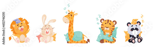 Cute Sleepy Animals Yawning and Sleeping in Nightcap with Pillow Vector Set