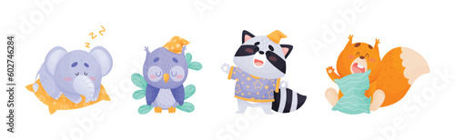 Cute Sleepy Animals Yawning and Sleeping in Nightcap with Pillow Vector Set