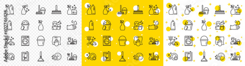 Laundry, Window sponge and Vacuum cleaner icons. Cleaning line icons. Washing machine, Housekeeping service and Maid cleaner equipment. Window cleaning, Wipe off, laundry washing machine. Vector