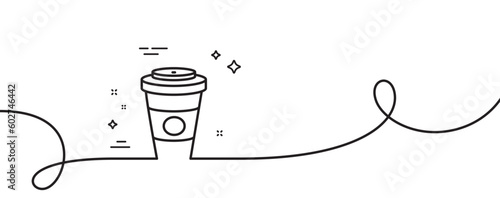 Takeaway Coffee or Tea line icon. Continuous one line with curl. Hot drink sign. Beverage symbol. Takeaway Coffee single outline ribbon. Loop curve pattern. Vector