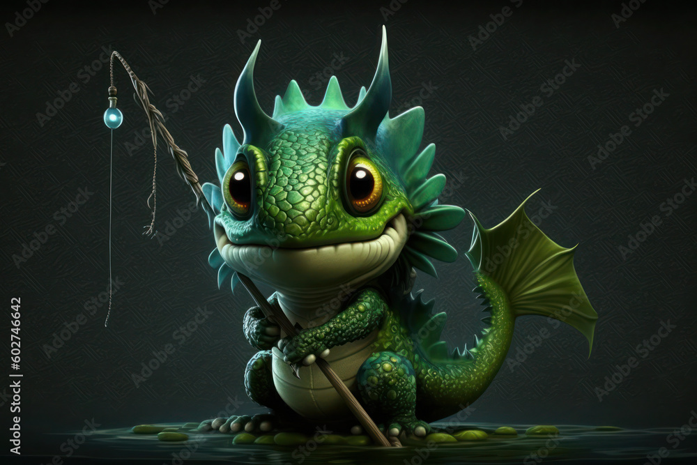 a small, cute green dragon with a fishing rod. fishing. spring or