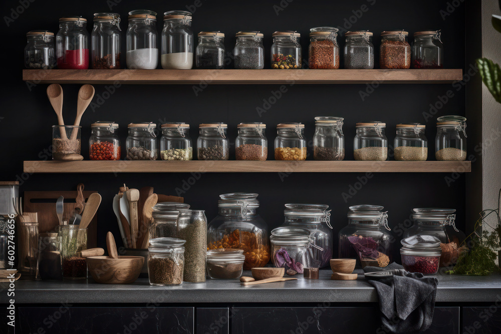 shelf of glass jars on a dark background. texture from containers with spices. ai generative