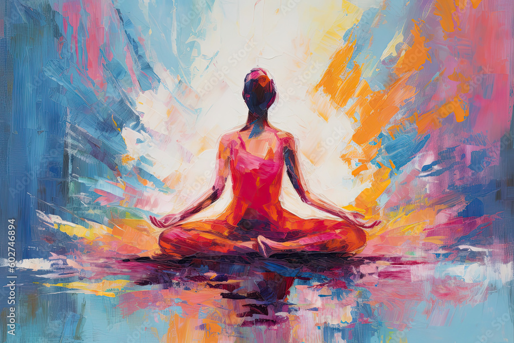 Modern Aging: Painting of a Woman Practicing doing Yoga, Created using generative AI