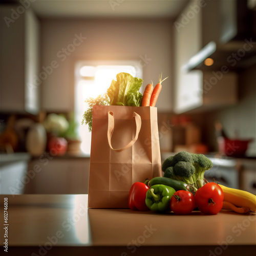 vegetables in an eco paper bag on kitchen table, blurred background, ai generated