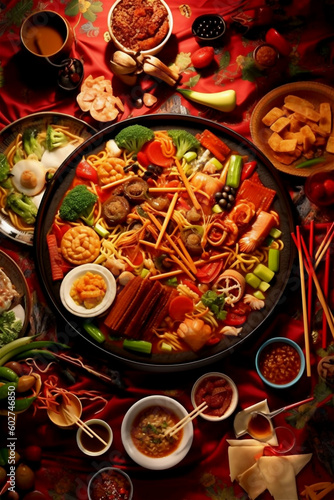 Colorful Chinese food dishes on blue background, ai generated cartoon style illustration