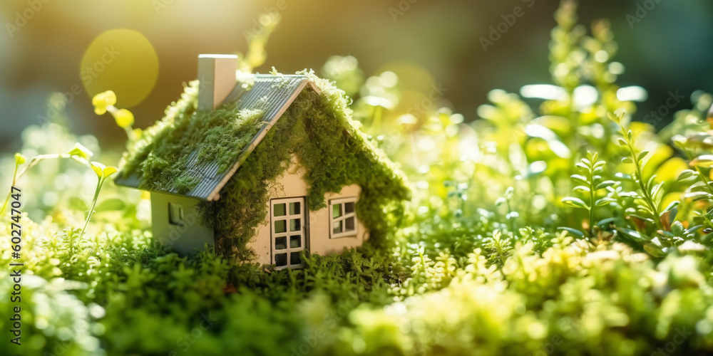 Miniatur-Holzhaus im Frühling, mit Gras, Moos und Farnen an einem sonnigen Tag: Ein ökologisches und umweltfreundliches Wohnkonzept Miniatur-Holzhaus im Frühling, mit Gras, Moos und Farnen an einem sonnigen Tag: Ein ökologisches und umweltfreundliches Wohnkonzept