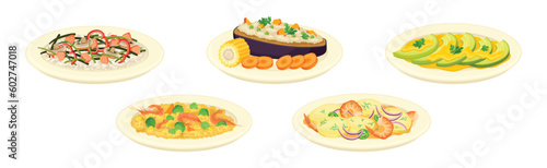 Different Dish and Food Served on Plate with Garnish Vector Set