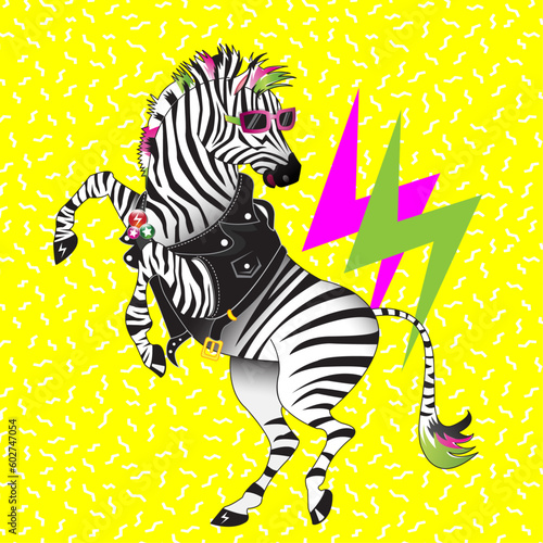 Punk Bowie Zebra 80ties style. Rock zebra in leather jacket.