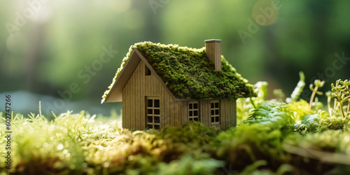 Miniatur-Holzhaus im Frühling, mit Gras, Moos und Farnen an einem sonnigen Tag: Ein ökologisches und umweltfreundliches Wohnkonzept
