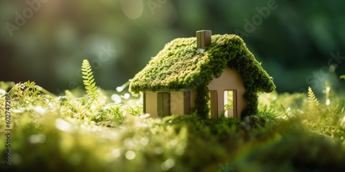 Miniatur-Holzhaus im Frühling, mit Gras, Moos und Farnen an einem sonnigen Tag: Ein ökologisches und umweltfreundliches Wohnkonzept