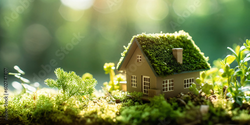 Miniatur-Holzhaus im Frühling, mit Gras, Moos und Farnen an einem sonnigen Tag: Ein ökologisches und umweltfreundliches Wohnkonzept