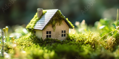 Miniatur-Holzhaus im Frühling, mit Gras, Moos und Farnen an einem sonnigen Tag: Ein ökologisches und umweltfreundliches Wohnkonzept