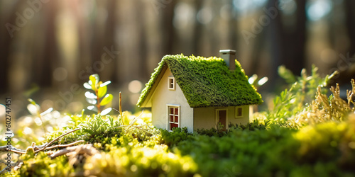 Miniatur-Holzhaus im Frühling, mit Gras, Moos und Farnen an einem sonnigen Tag: Ein ökologisches und umweltfreundliches Wohnkonzept