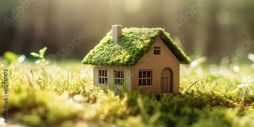 Miniatur-Holzhaus im Frühling, mit Gras, Moos und Farnen an einem sonnigen Tag: Ein ökologisches und umweltfreundliches Wohnkonzept