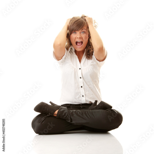 Frustrated Business woman trying to maditate - anger and stress cncept photo