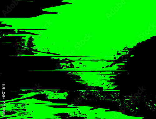 Gritty Design with Bright Green and Black Glitch Effect  Neon Light Trails  Technical Difficulties  and Grunge Textures for Digital and Print