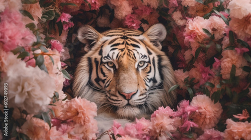 Tiger Surrounded by Beautiful Flowers in a Muted Pastel Aesthetic with Surrealism Elements - Dreamy Background - Generative AI © AnArtificialWonder