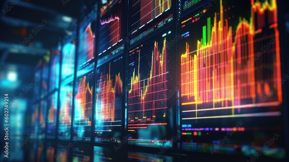 Digital graph charts in stock trade market in vibrant colors