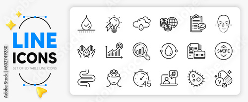 Vanadium mineral, Medical prescription and Face recognition line icons set for app include Stress, Seo analysis, Music outline thin icon. Vacancy, 5g statistics, Bacteria pictogram icon. Vector