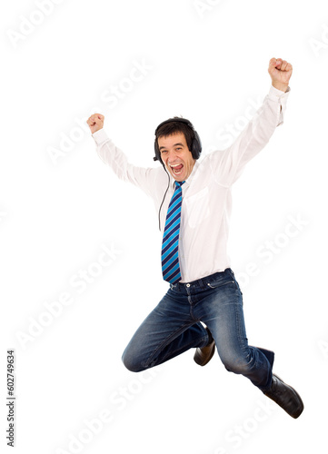Promotion happy dance - office worker jumping with joy, isolated