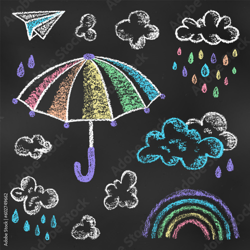Set of Design Elements Rainbow Umbrella, Clouds, Drops, Paper Airplane Isolated on Chalkboard Backdrop. Realistic Chalk Drawn Sketch.