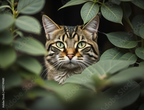 a curious cat peeking out from behind a plant,