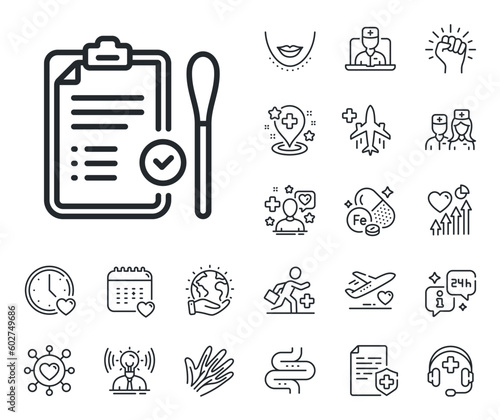 Report with cotton swab sign. Online doctor, patient and medicine outline icons. Nasal swab test passed line icon. Coronavirus testing symbol. Nasal test line sign. Vector
