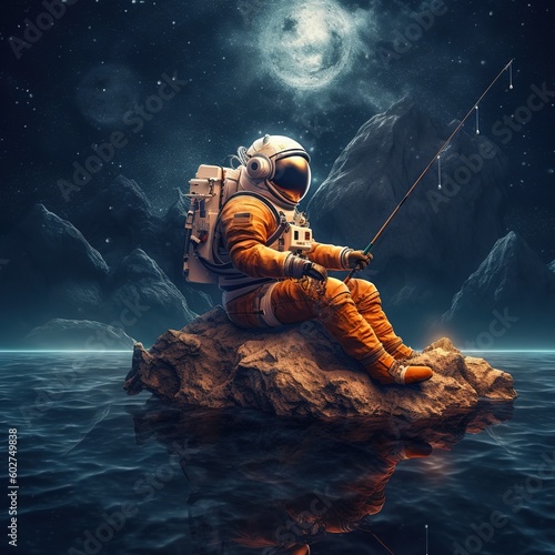 astronaut catches fish. realistic style © LELISAT
