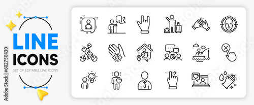 Face detect, Human and Washing hands line icons set for app include Airport transfer, Friends chat, Developers chat outline thin icon. Engineering team, Friend, Boat fishing pictogram icon. Vector