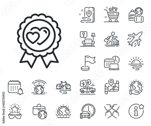 Valentine day medal sign. Plane jet, travel map and baggage claim outline icons. Love award line icon. Couple relationships symbol. Love award line sign. Car rental, taxi transport icon. Vector