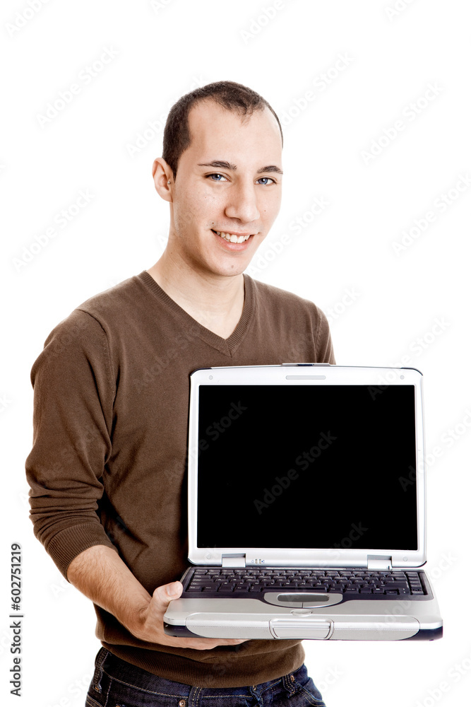 Young man showing a work presentation on the laptop, isolated on white Young man showing a work presentation on the laptop, isolated on white
