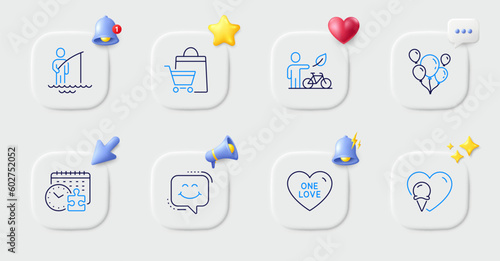 Smile chat, Fisherman and One love line icons. Buttons with 3d bell, chat speech, cursor. Pack of Balloons, Eco bike, Ice cream icon. Sale bags, Puzzle time pictogram. For web app, printing. Vector