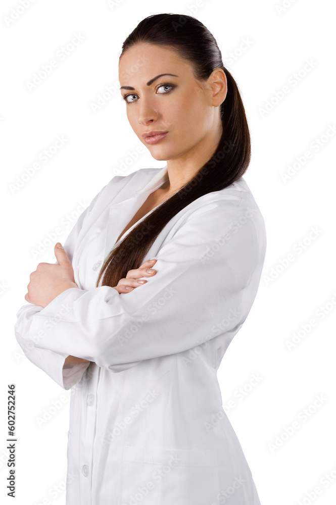 very cute brunette woman with stunning eyes in white gown as a medical doctor very cute brunette woman with stunning eyes in white gown as a medical doctor