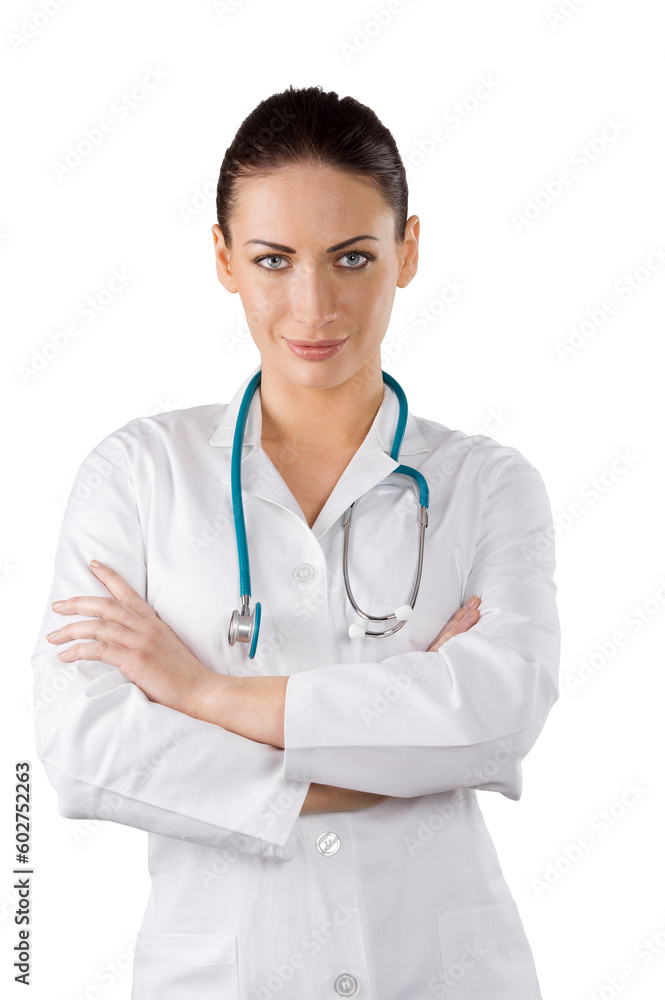 stunning brunette in white gown as a medical doctor with stethoscope stunning brunette in white gown as a medical doctor with stethoscope