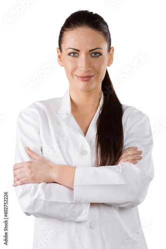 cute brunette woman in white gown as a medical doctor smiling in camera