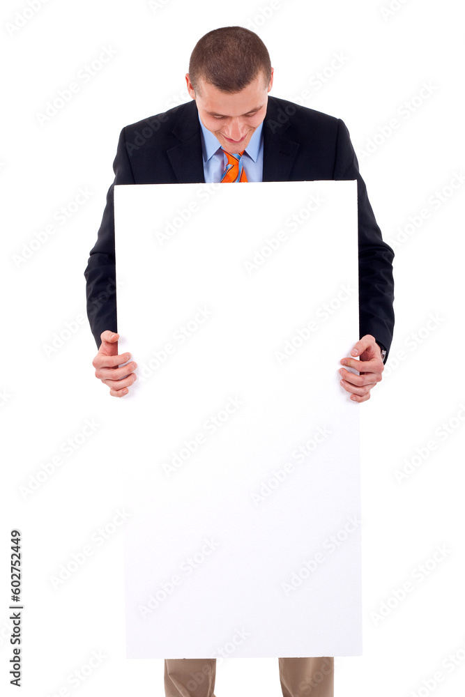 Young business man with blank board isolated on white Young business man with blank board isolated on white