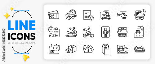 Packing boxes, Delivery online and Bus line icons set for app include Elevator, Delivery cart, Helicopter outline thin icon. Cash transit, Boarding pass, Flight time pictogram icon. Vector
