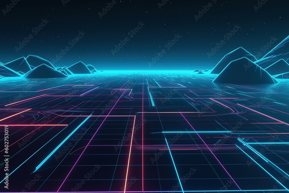 Abstract digital landscape with particles dots and stars on horizon ...