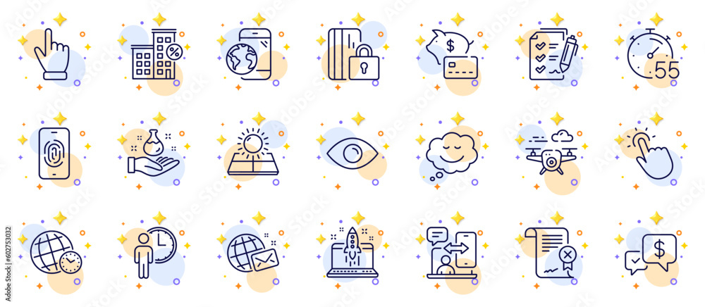 Outline set of Phone timing, Time zone and Piggy bank line icons for web app. Include Eye, Drone, Chemistry lab pictogram icons. Touchpoint, Cursor, Blocked card signs. Sun energy. Vector Outline set of Phone timing, Time zone and Piggy bank line icons for web app. Include Eye, Drone, Chemistry lab pictogram icons. Touchpoint, Cursor, Blocked card signs. Sun energy. Vector