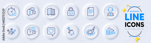 Money loss, Palette and Buildings line icons for web app. Pack of Cursor, Question bubbles, Timer pictogram icons. Document, Heart, Winner cup signs. Correct answer, Security lock, Info. Vector