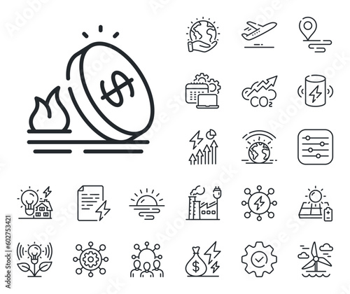 Fuel tax sign. Energy, Co2 exhaust and solar panel outline icons. Gas price line icon. LPG rate symbol. Gas price line sign. Eco electric or wind power icon. Green planet. Vector