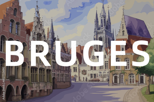 Bruges: Beautiful painting of an Belgian village with the name Bruges in Flanders photo