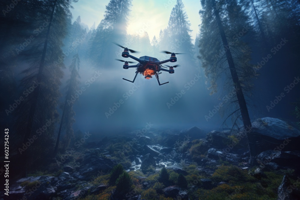 Drone in a foggy froest Drone in a foggy froest
