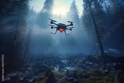 Drone in a foggy froest