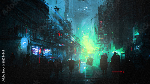 Starving people walking in the rain in the city of ruins. Illustration digital art style.