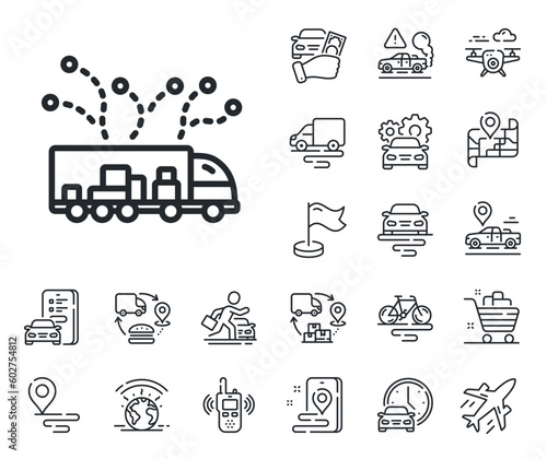 Transportation vehicle sign. Plane, supply chain and place location outline icons. Truck transport line icon. Delivery logistics symbol. Truck delivery line sign. Vector
