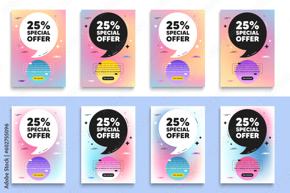 25 percent discount offer tag. Poster frame with quote. Sale price promo sign. Special offer symbol. Discount flyer message with comma. Gradient blur background posters. Vector