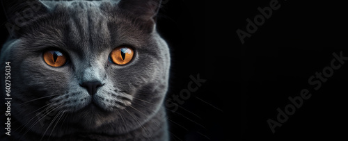 Portrait of British shorthair grey cat with big wide face on Isolated Black background,generative ai.