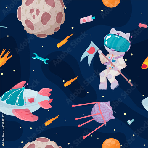 Cosmonaut in outer space. UFOs, spaceships, rockets. Solar system, intergalactic travel. Galaxies, planets, asteroids, comets, shooting stars. Vector illustration in cartoon style on  background.